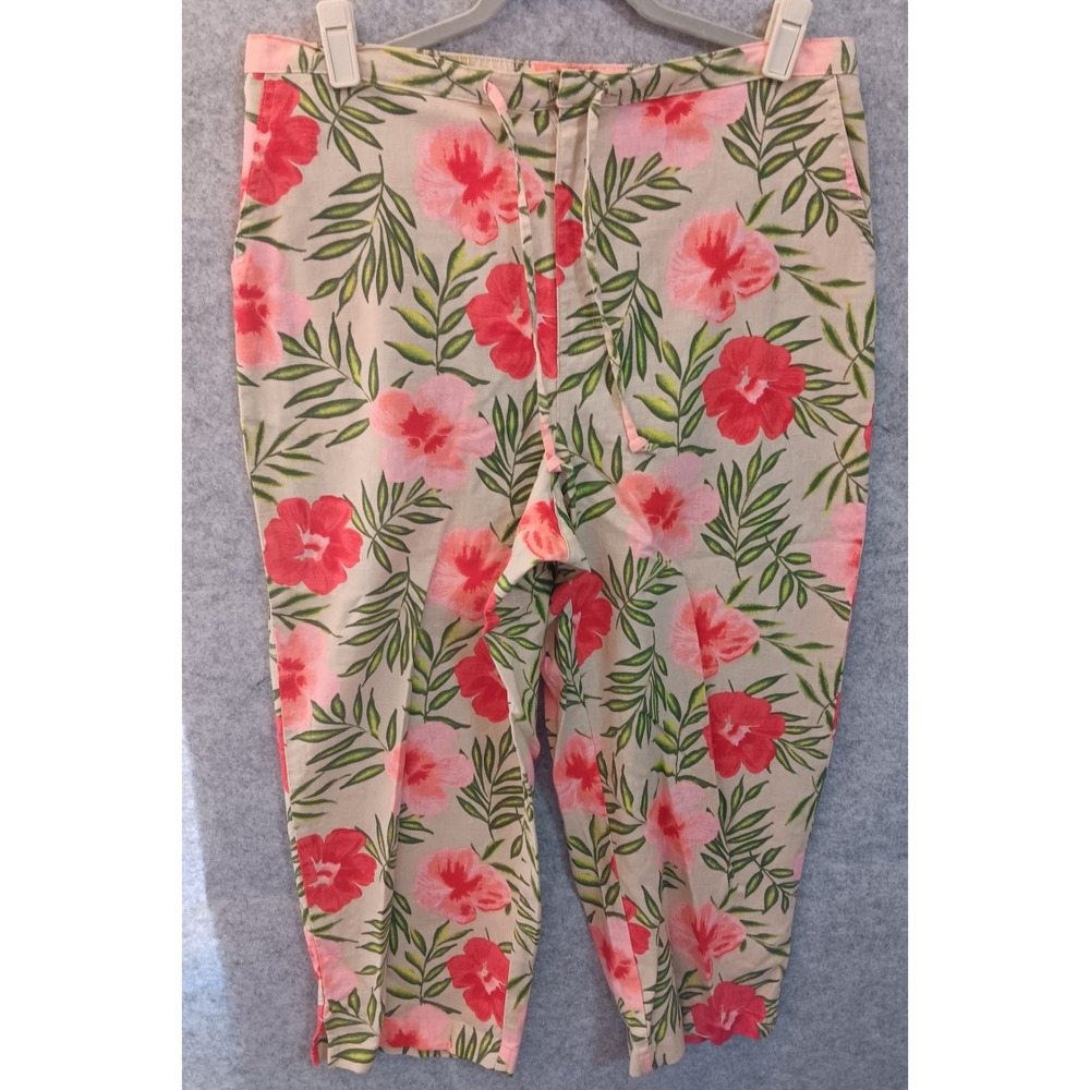 Covington Pants Women 12 Tan Floral Linen Blend Cropped Lightweight 34x24 NWOT